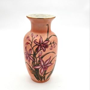 Andrea By Sadek Pink Ceramic Vase Purple Orchids Gold Trim Vintage
